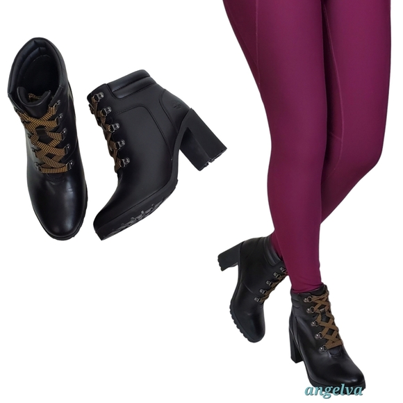 New Timberland allington 5 in leather block heel lace up boots black casual - Picture 5 of 16